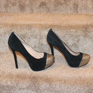 Steve Madden Black Suede Gold Glitter Cap Toe Stiletto Heels Pumps